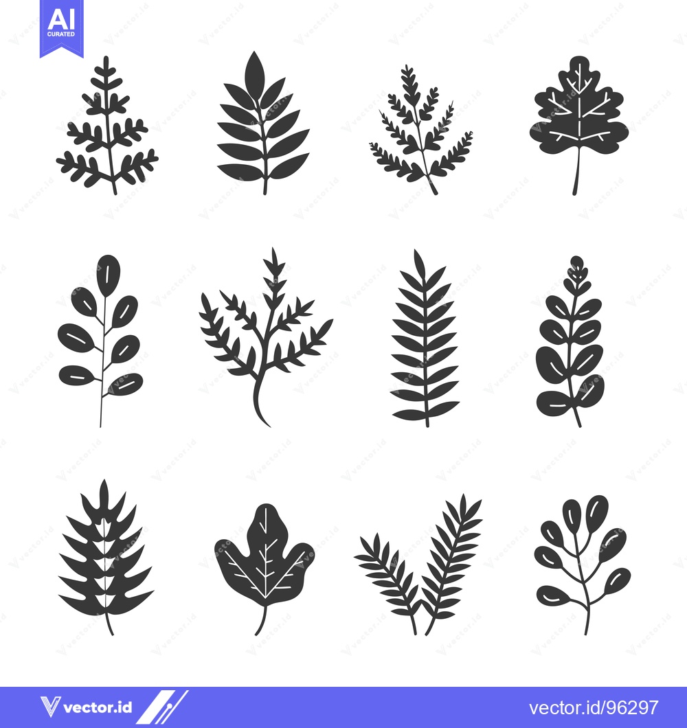 Premium Vector of Set of twelve black silhouette illustrations of various leaves and bra