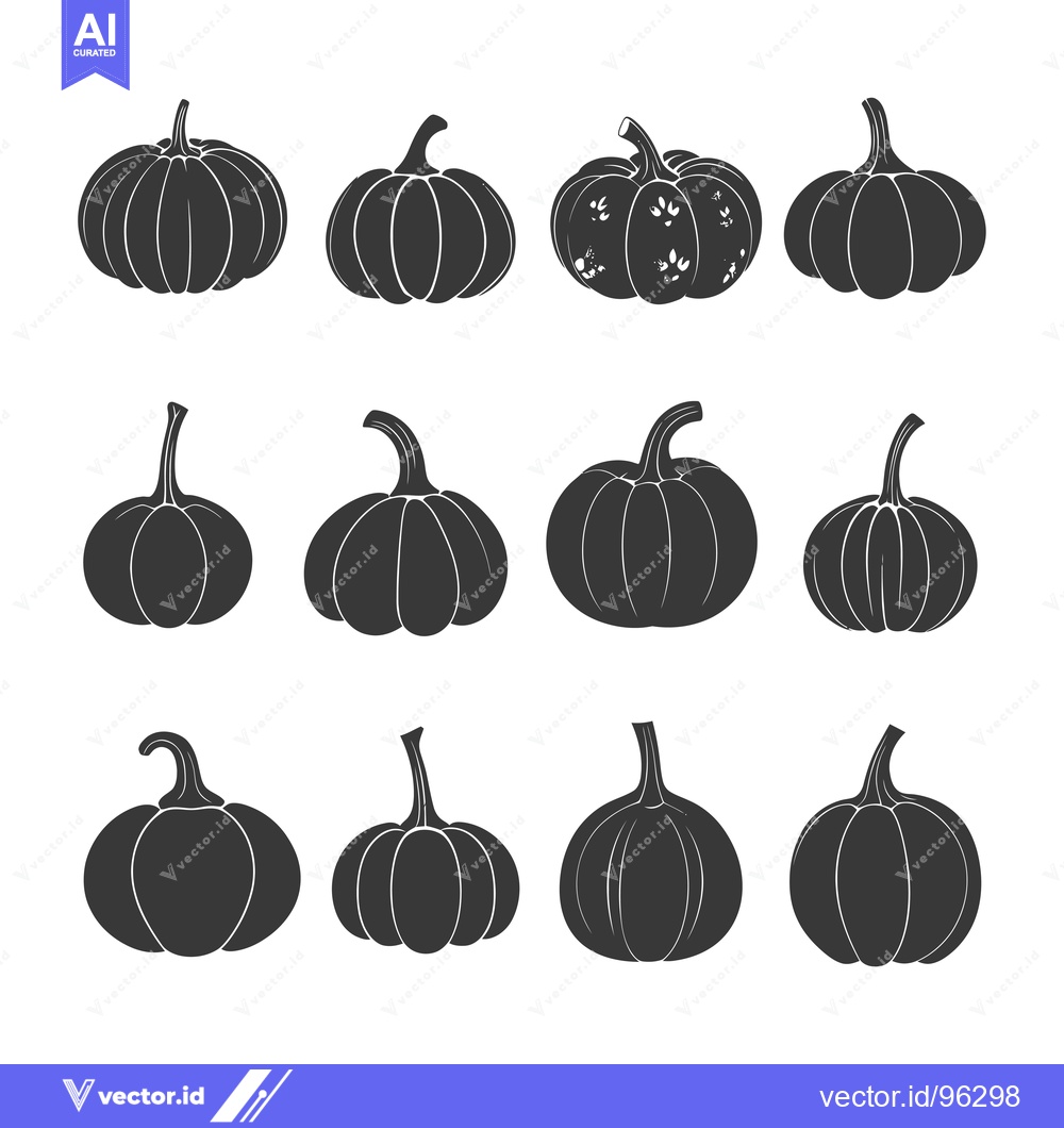 Premium Vector dari Set of Twelve Black Silhouettes of Pumpkins on White Background