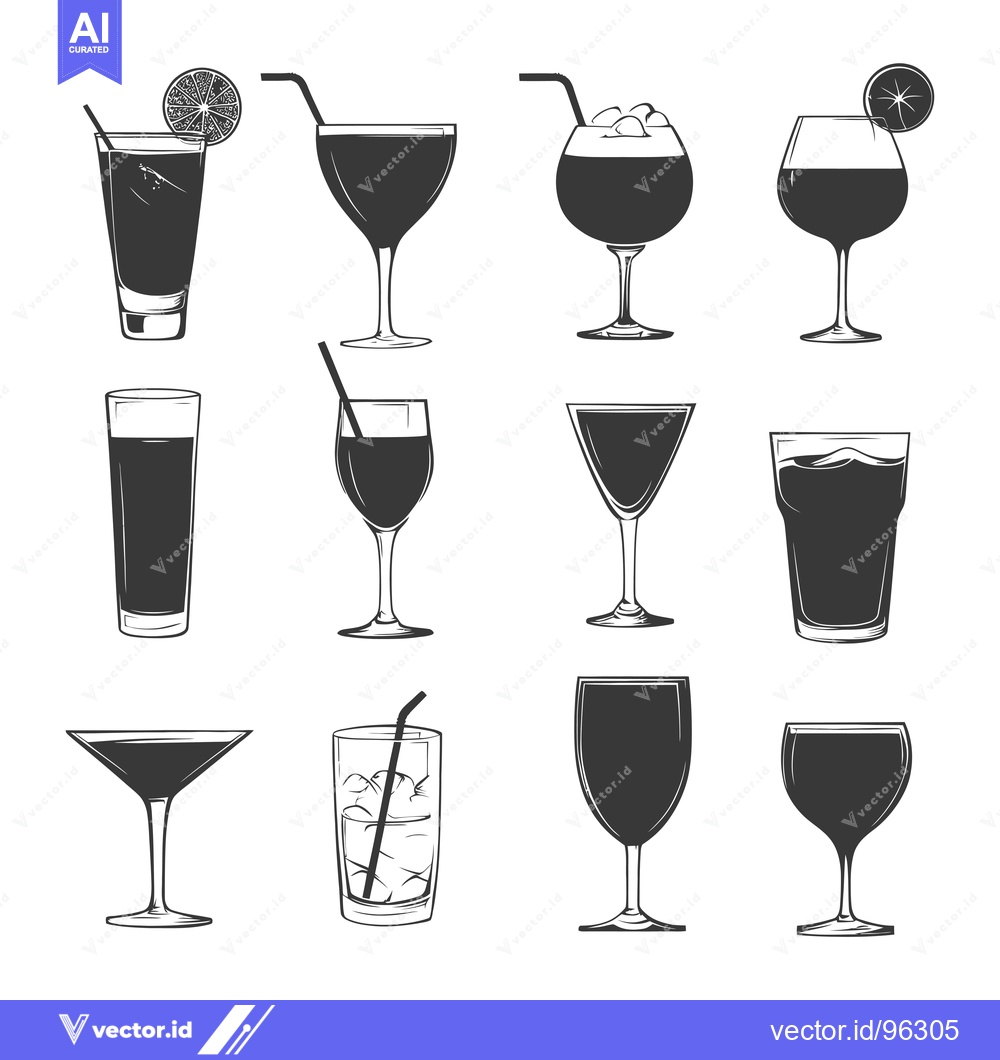 Premium Vector dari Set of twelve different types of glasses with drinks and decorations