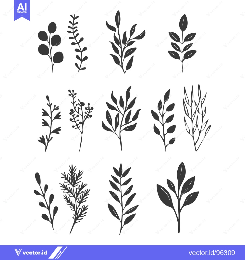 Premium Vector dari Set of Twelve Hand-Drawn Black and White Floral Silhouettes