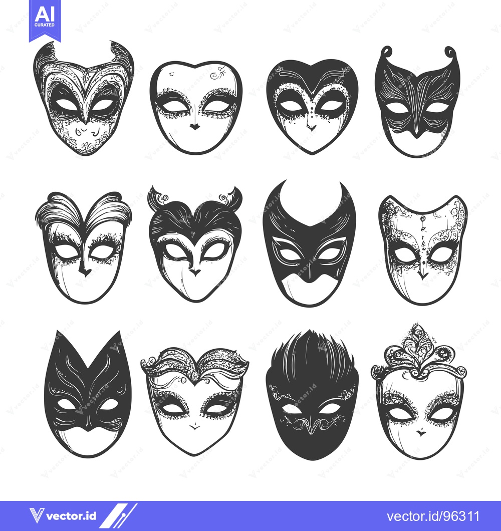 Premium Vector dari Set of Twelve Hand-Drawn Venetian Carnival Masks