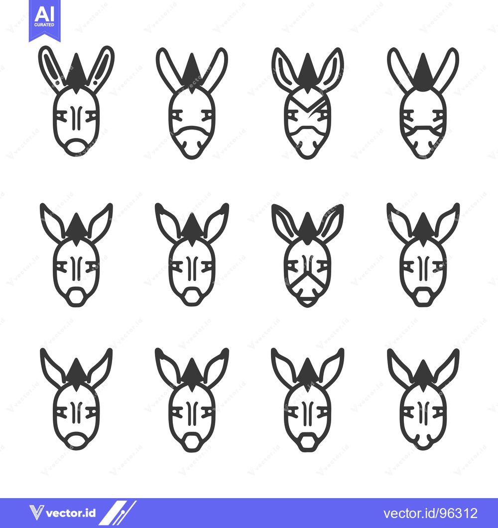 Premium Vector dari Set of twelve line art donkey faces with pointy ears and a nose