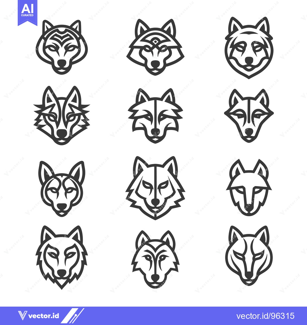 Premium Vector dari Set of twelve minimalist line art wolf head illustrations