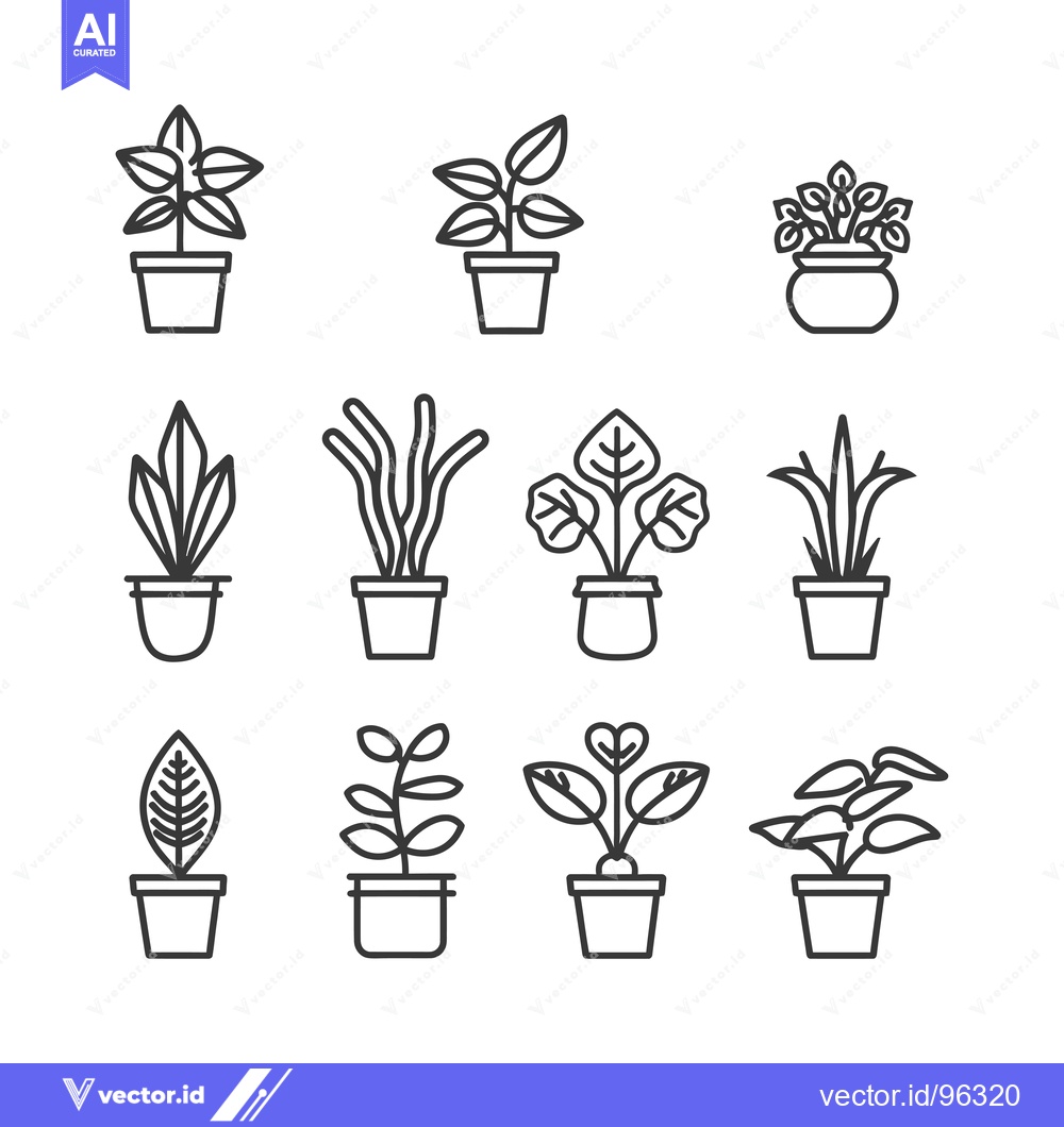 Premium Vector dari Set of twelve potted plants with different leaf shapes and styles
