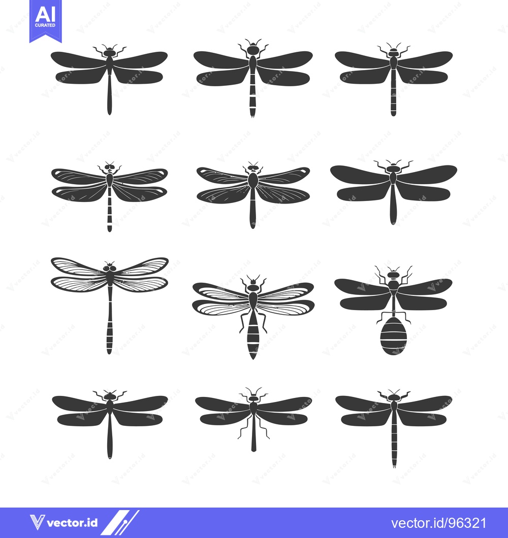 Premium Vector dari Set of twelve simple black and white dragonfly icons