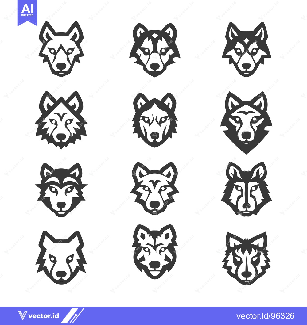 Premium Vector of Set of twelve stylized black and white wolf head icons