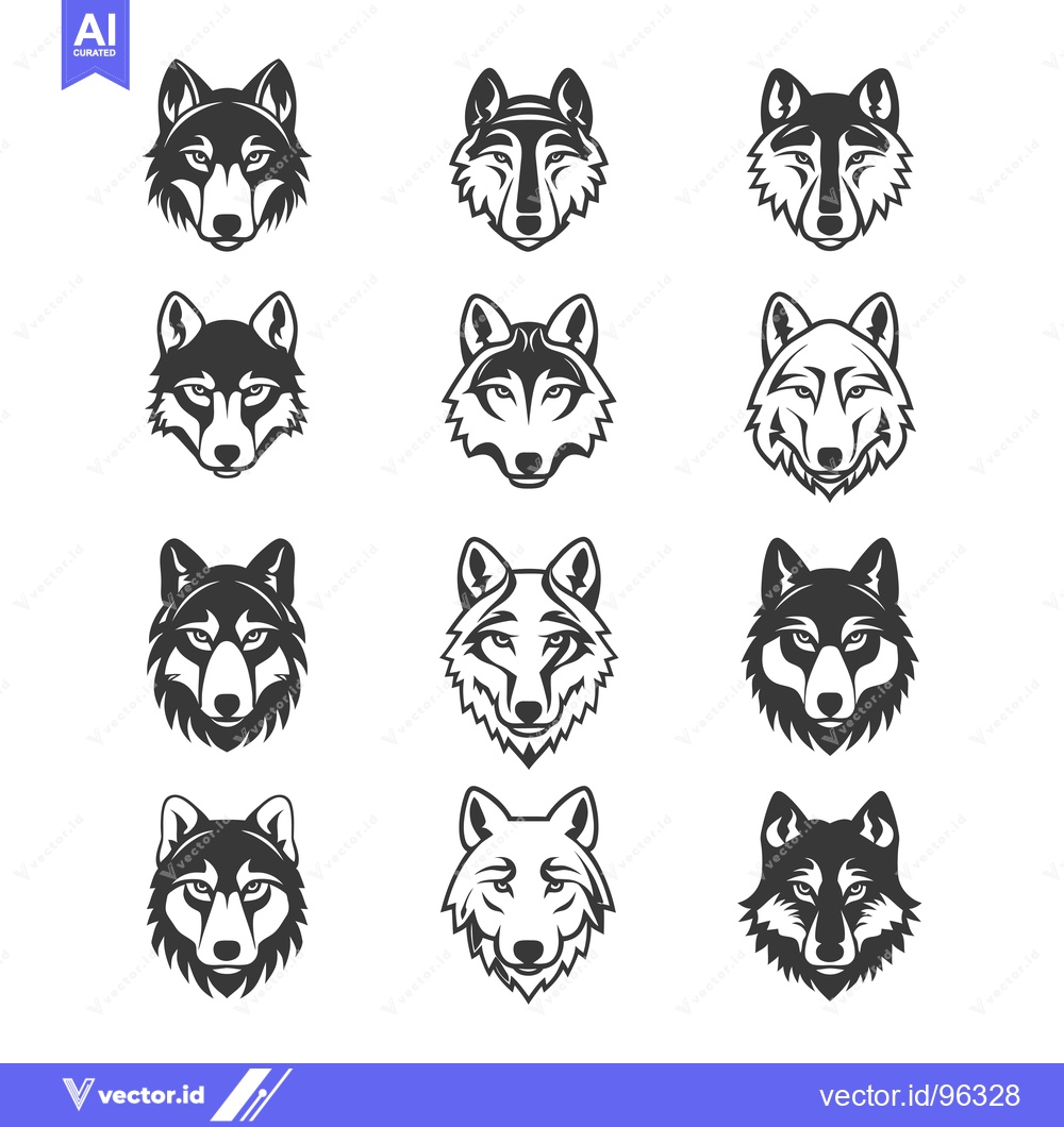 Premium Vector dari Set of twelve stylized wolf head illustrations