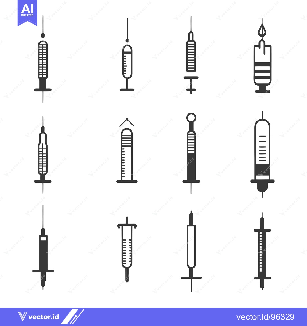 Premium Vector of Set of twelve syringe and needle icons in black and white