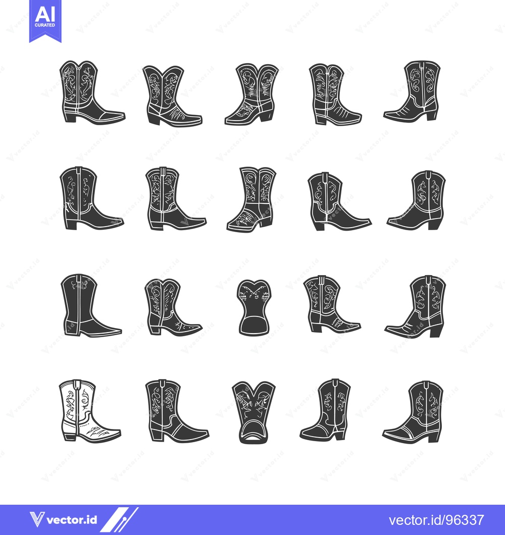 Premium Vector dari Set of twenty black silhouette cowboy boots with different designs