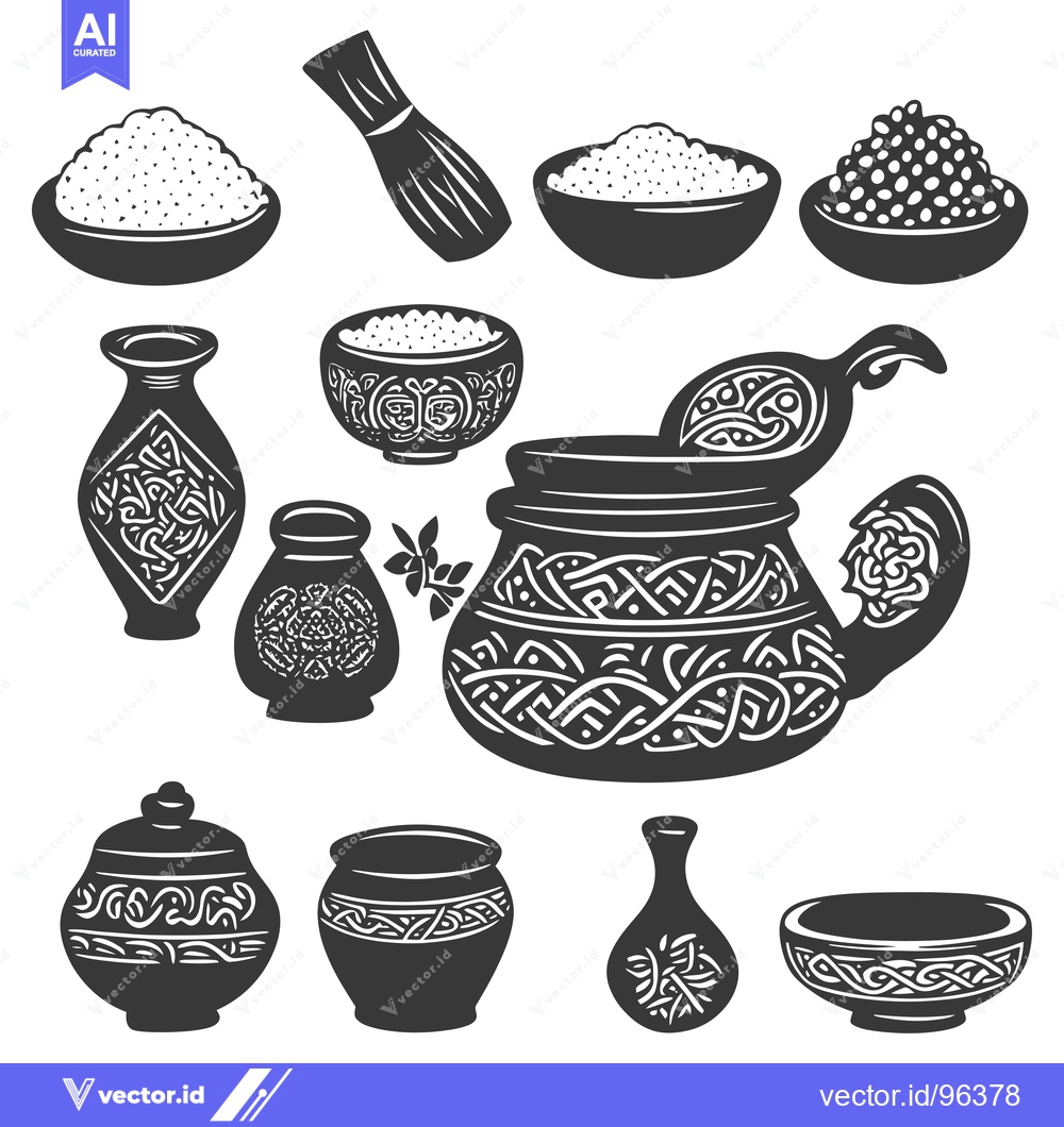 Premium Vector dari Set of Vintage Ceramic Kitchen Utensils with Ornate Designs
