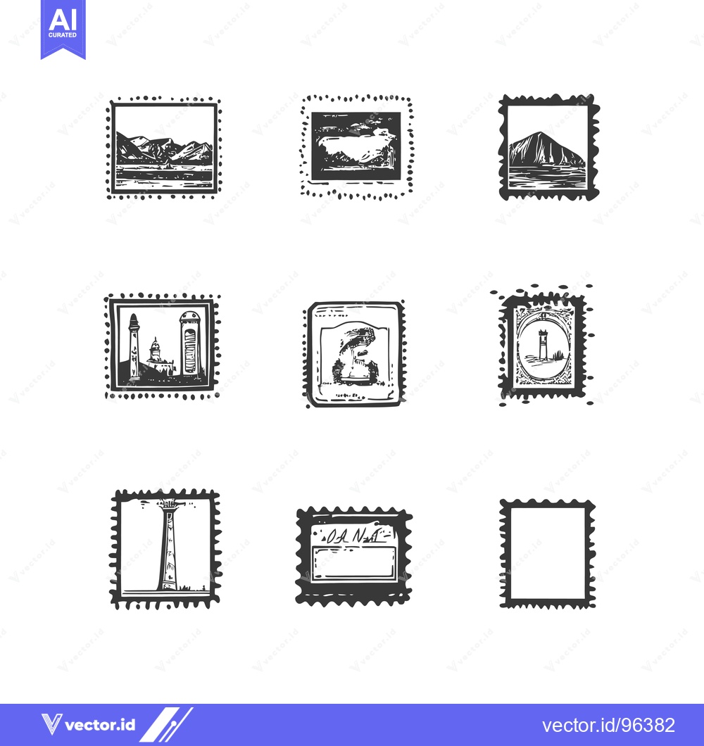Premium Vector of Set of Vintage Hand-Drawn Postage Stamps with Travel Scenes