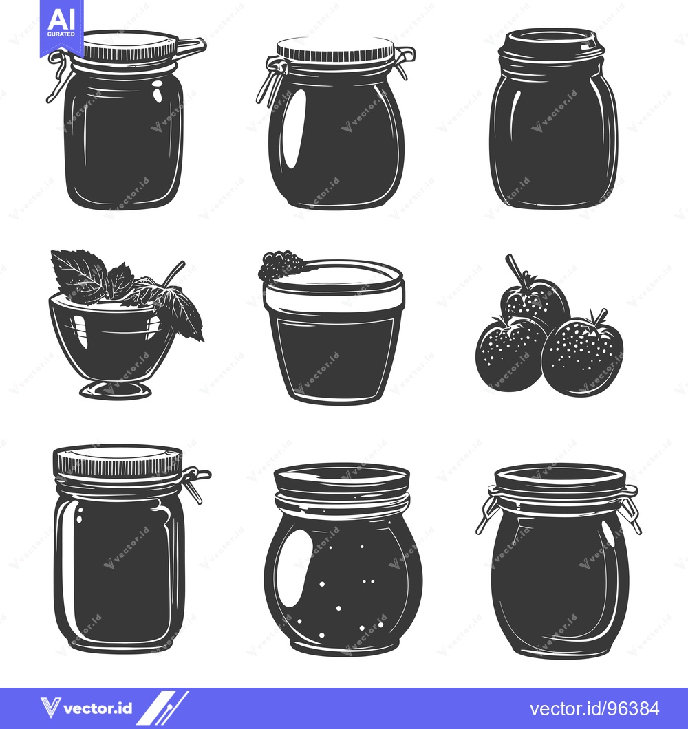 Premium Vector of Set of Vintage Style Glass Jars with Lids and Fruit Decorations