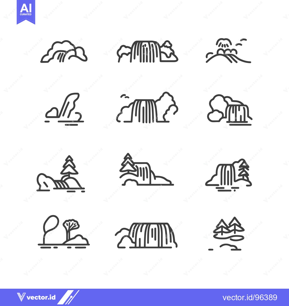 Premium Vector dari Set of Waterfall Line Icons with Different Landscapes