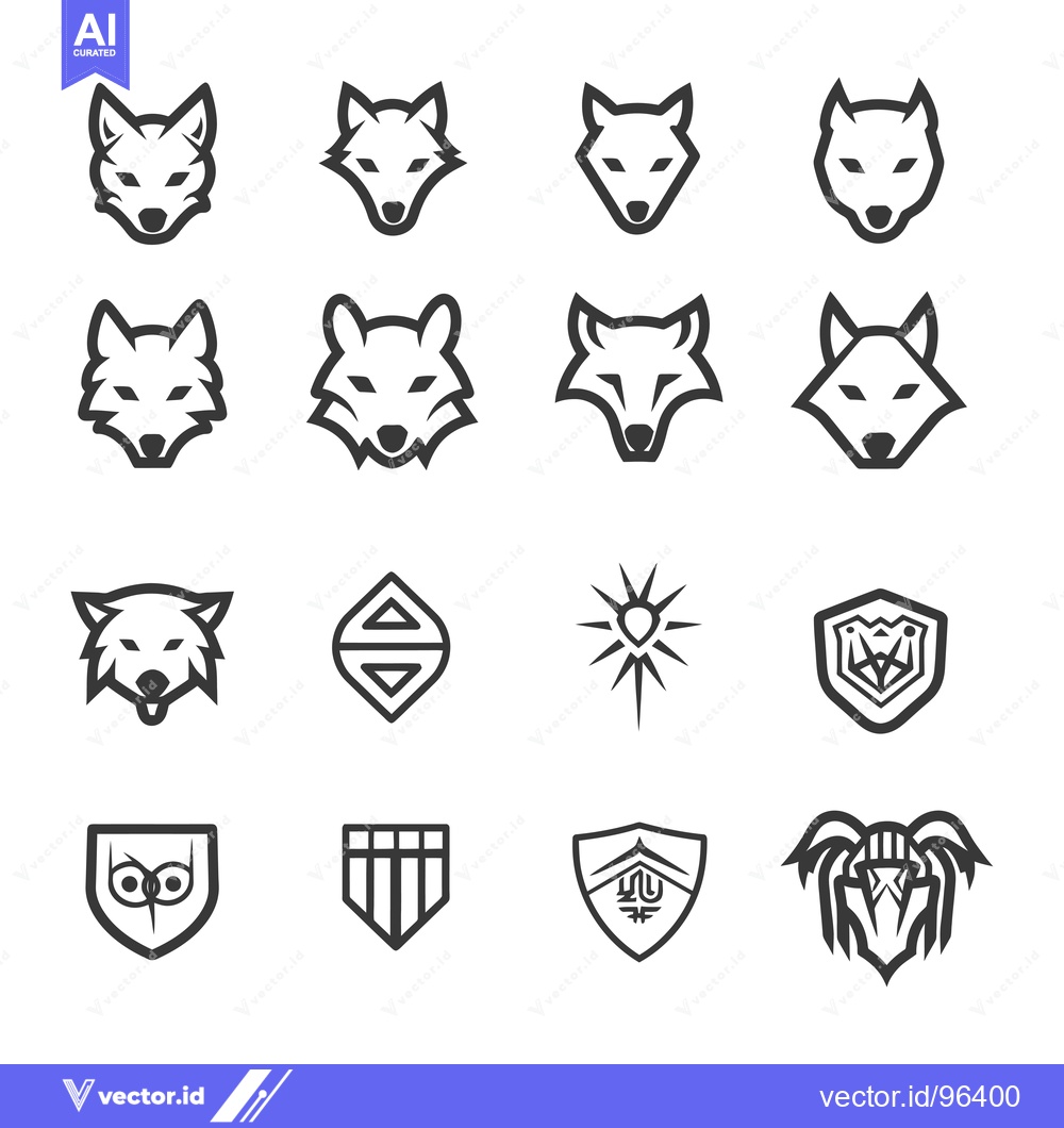 Premium Vector dari Set of Wolf Head and Other Animal Logos in Black and White
