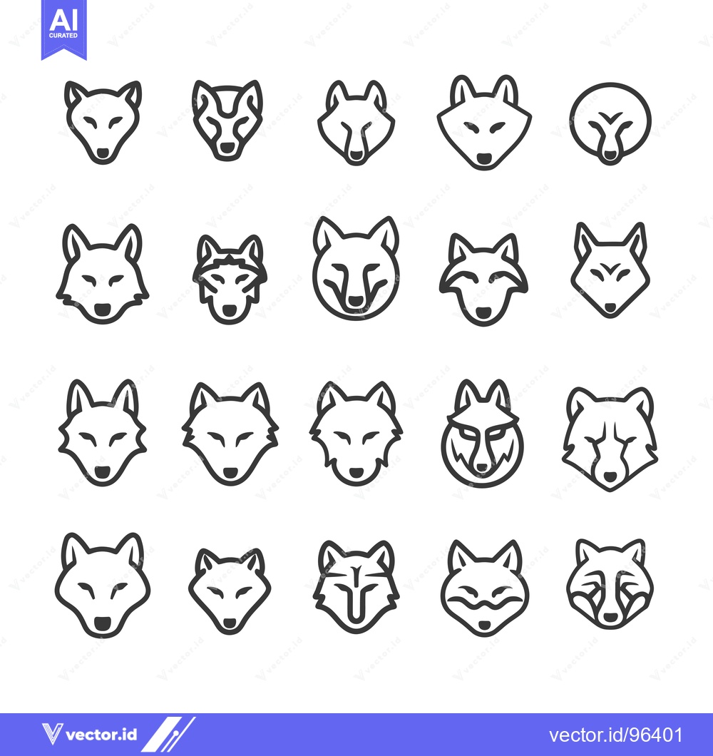 Premium Vector of Set of Wolf Head Line Icons, Black and White