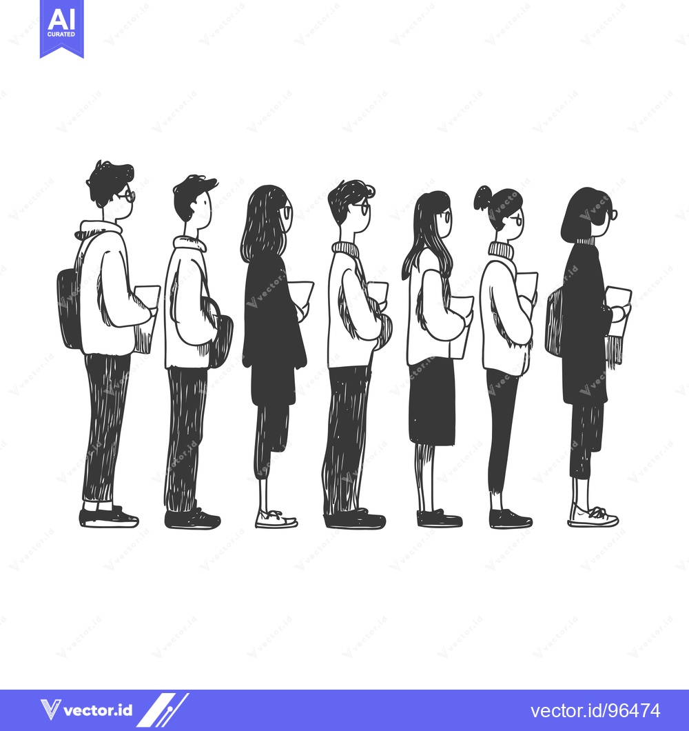 Premium Vector of Seven People Standing in a Line, Drawn in a Hand-Sketched Style