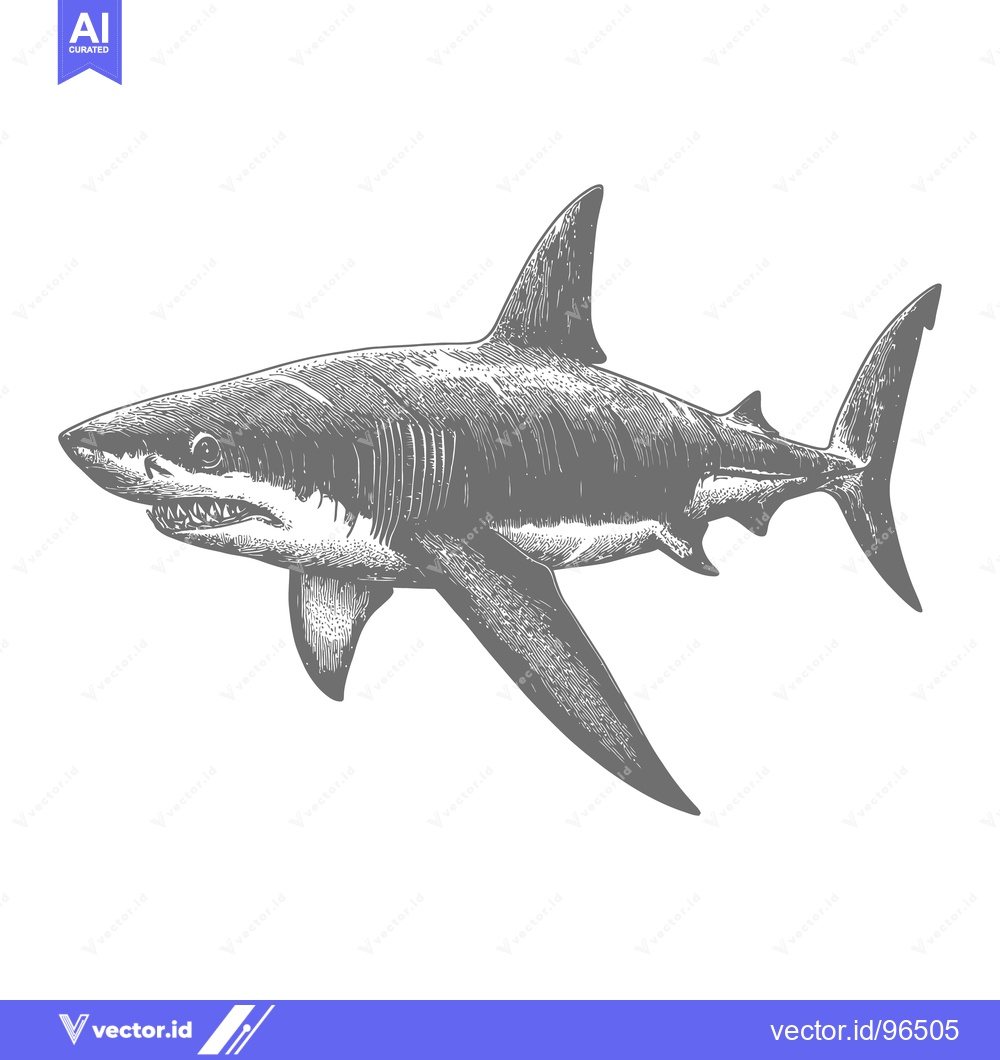 Premium Vector dari A detailed grayscale illustration of a great white shark
