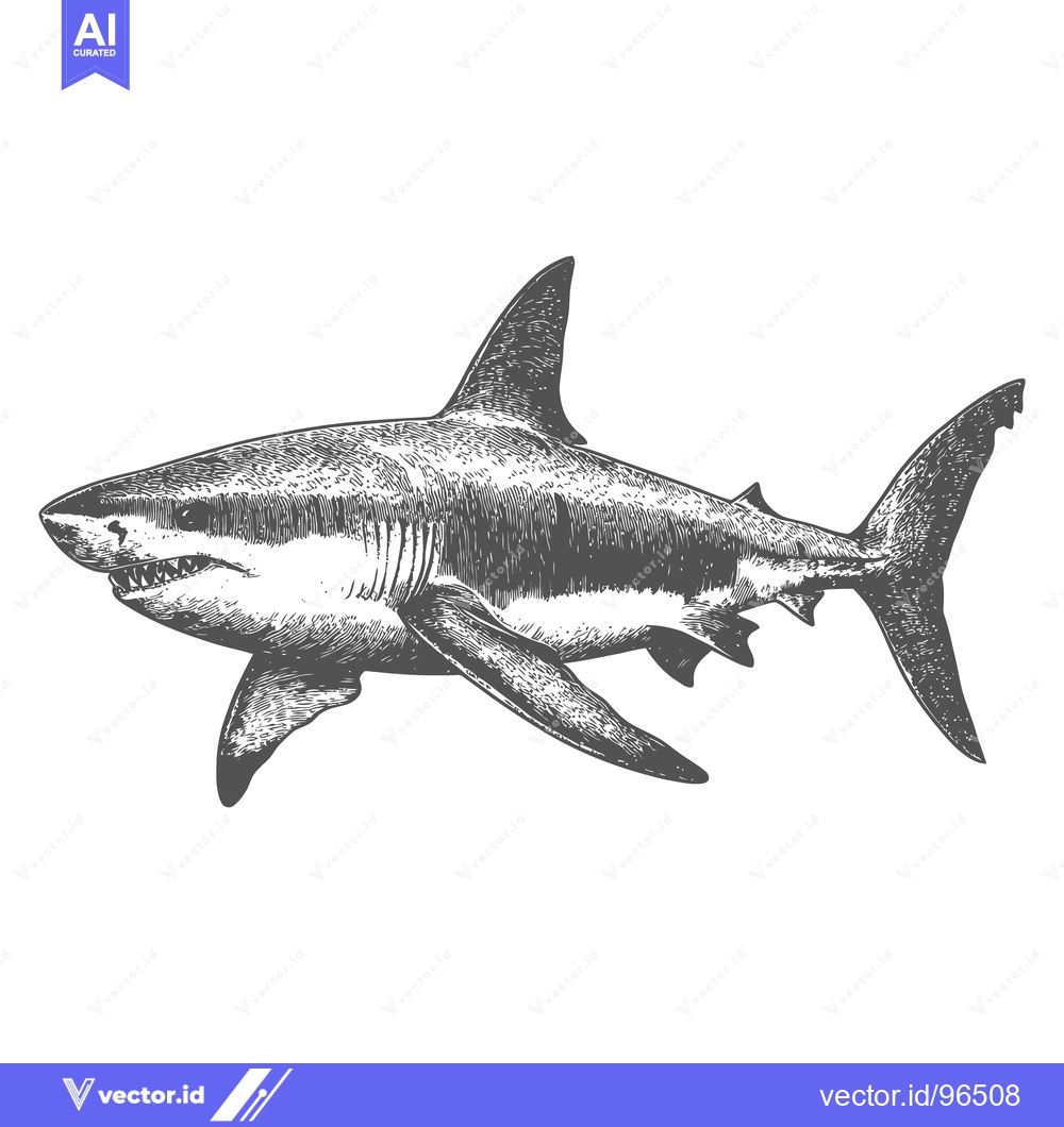 Premium Vector of Detailed monochrome illustration depicting a large predatory shark swi