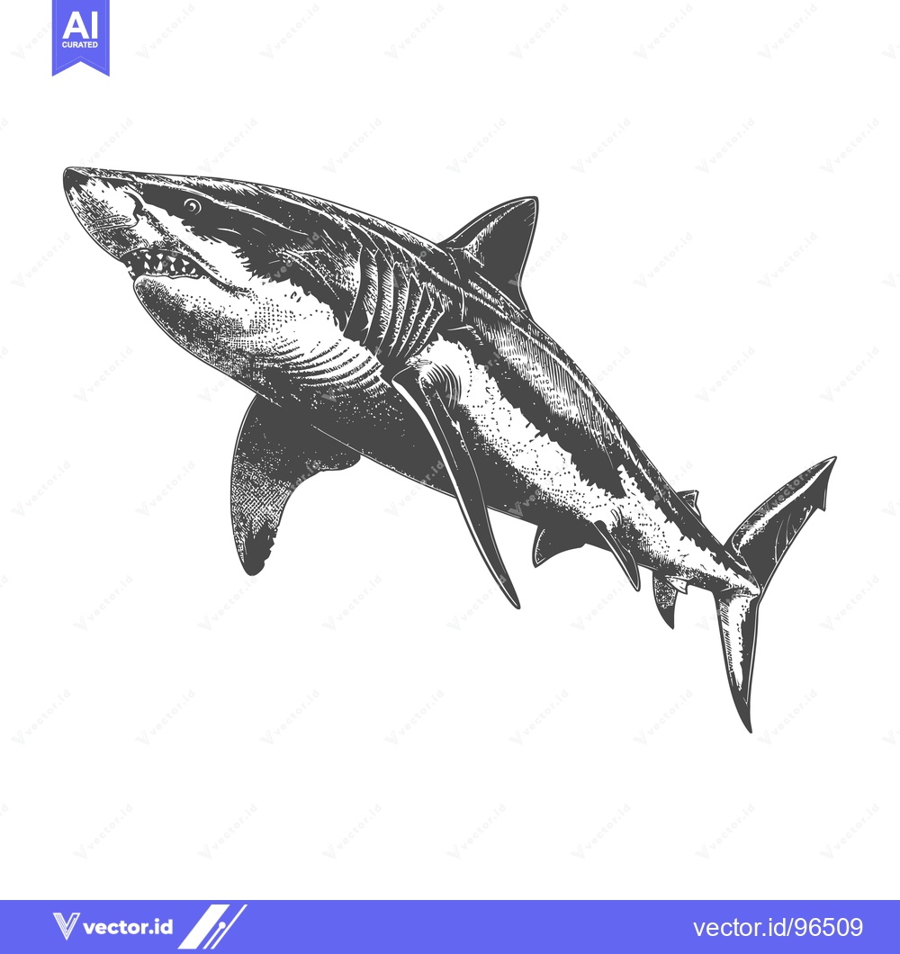 Premium Vector of Detailed grayscale illustration of a fearsome aquatic predator shark