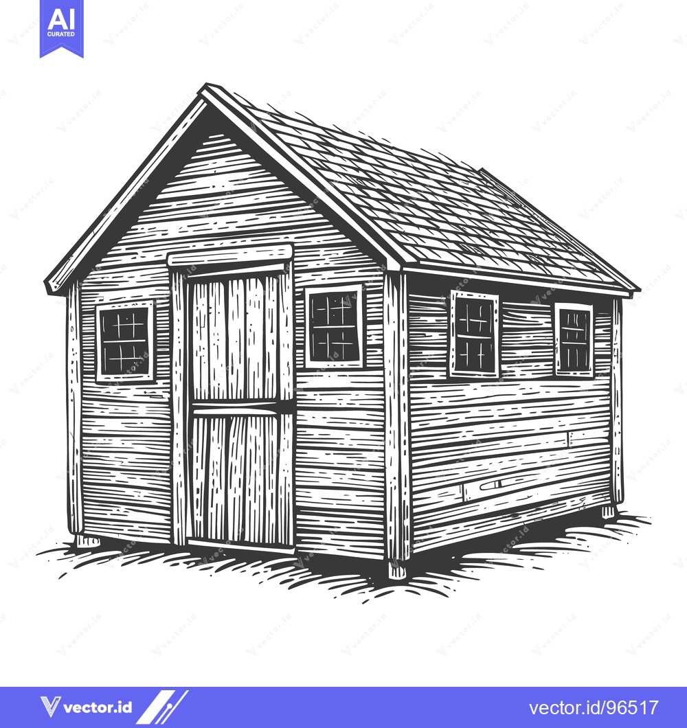 Premium Vector dari A simple wooden shed illustration with closed door and windows