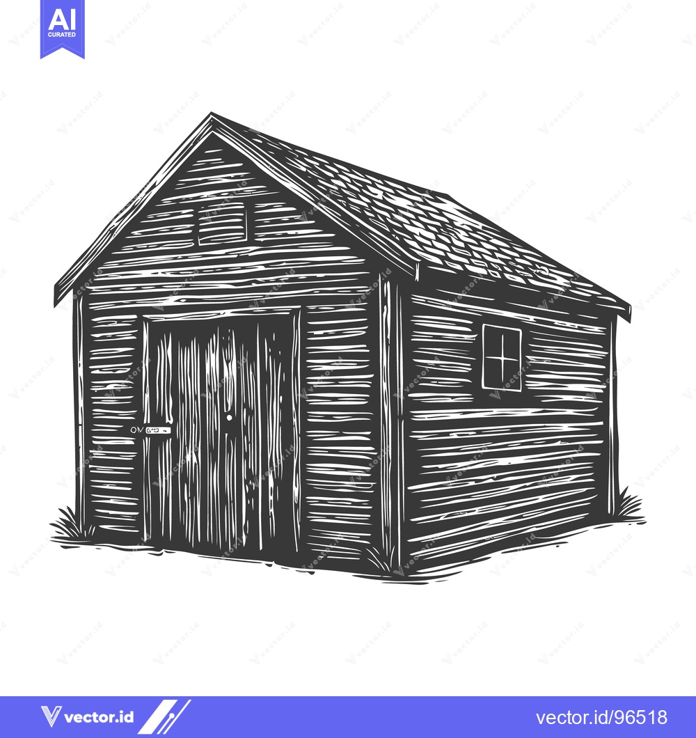 Premium Vector dari A black and white illustration depicts a wooden storage shed