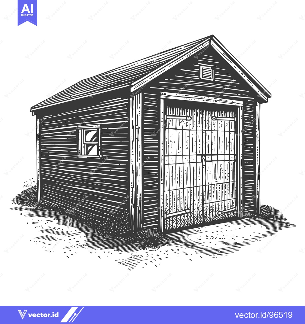 Premium Vector dari An illustration of a rustic wooden garage building in black and white