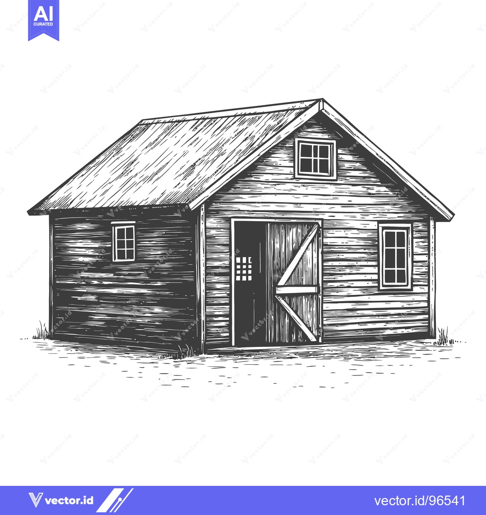 Premium Vector dari A detailed sketch shows a simple wooden barn building on the ground