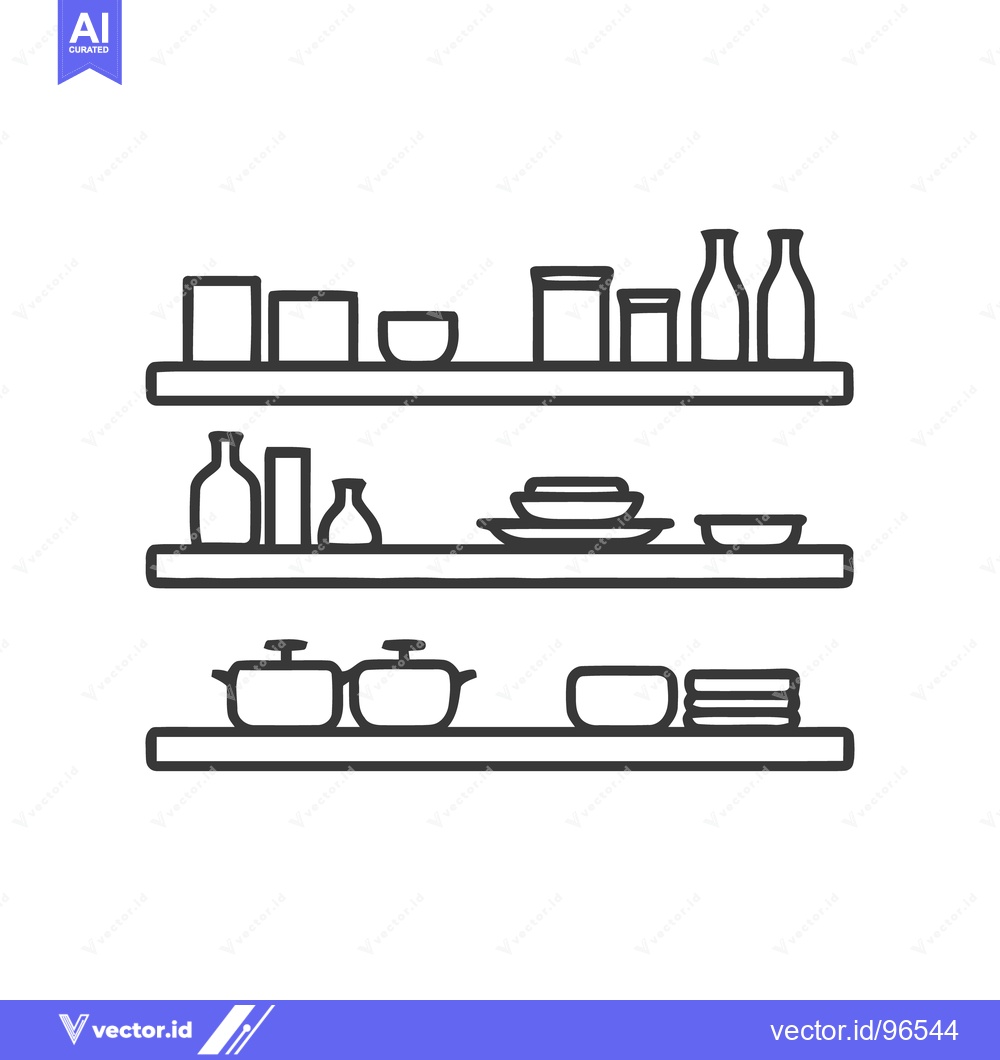 Premium Vector dari Minimalist Kitchen Shelves Illustration with Cookware and Dishes Outli