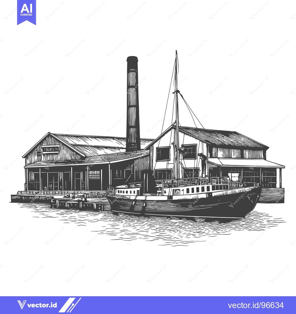 Premium Vector dari A vintage illustration depicting a factory and a large sailboat