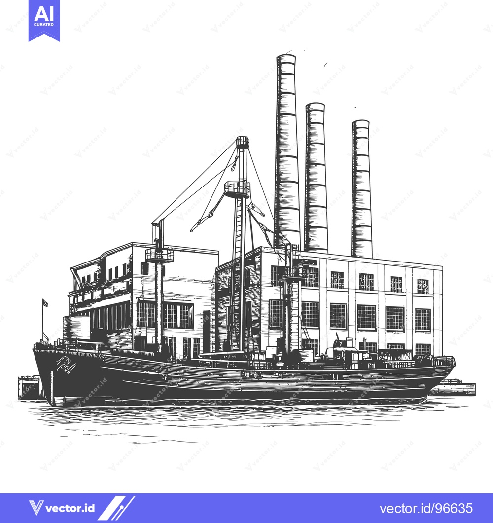 Premium Vector dari Detailed ink illustration depicting an industrial ship and factory bui