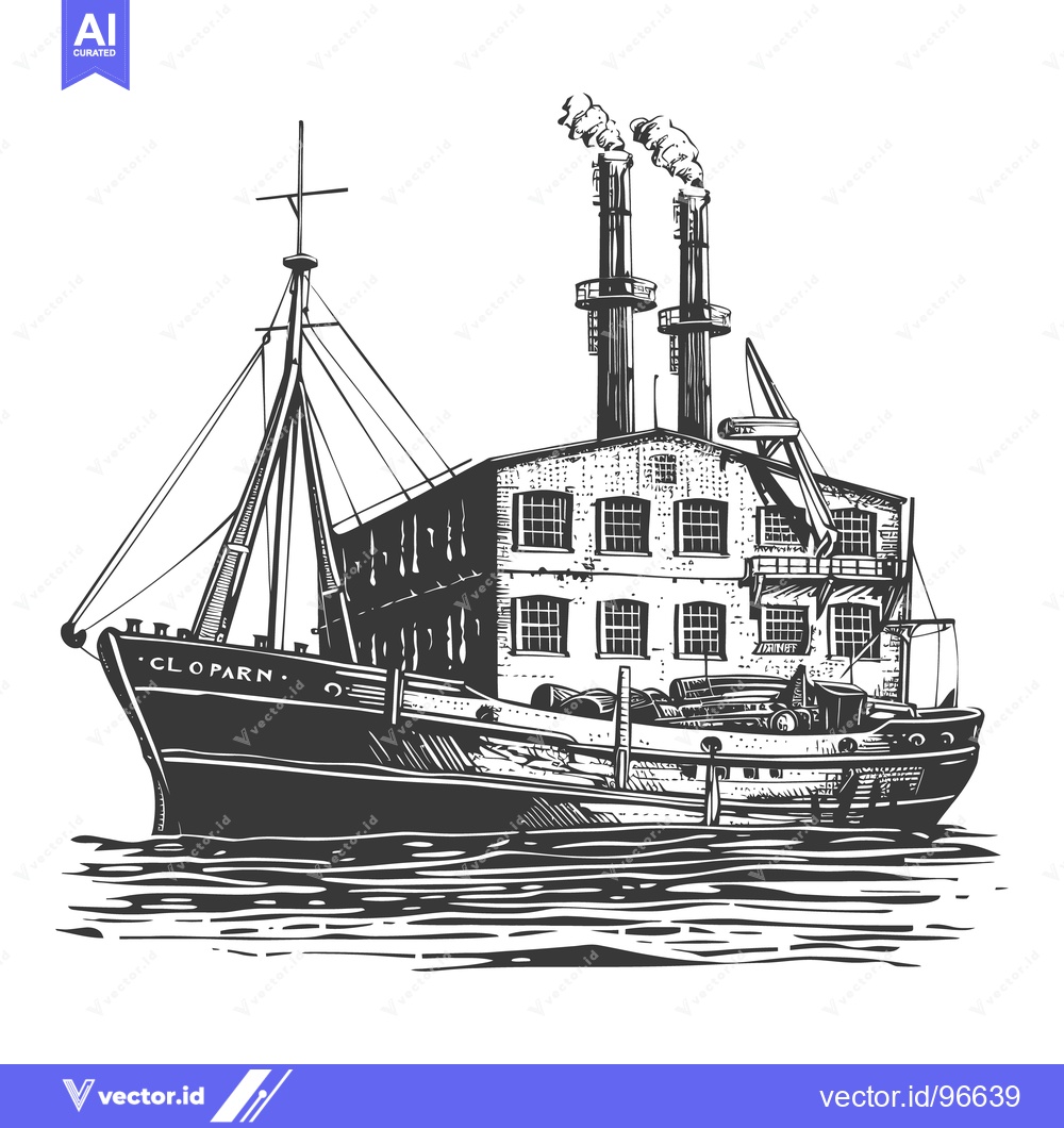Premium Vector dari An illustrated drawing of a factory ship on the water