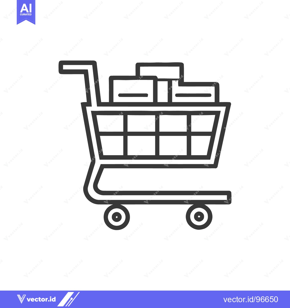Premium Vector dari Minimalist Shopping Cart Icon with Boxes, Black Outline on White Backg