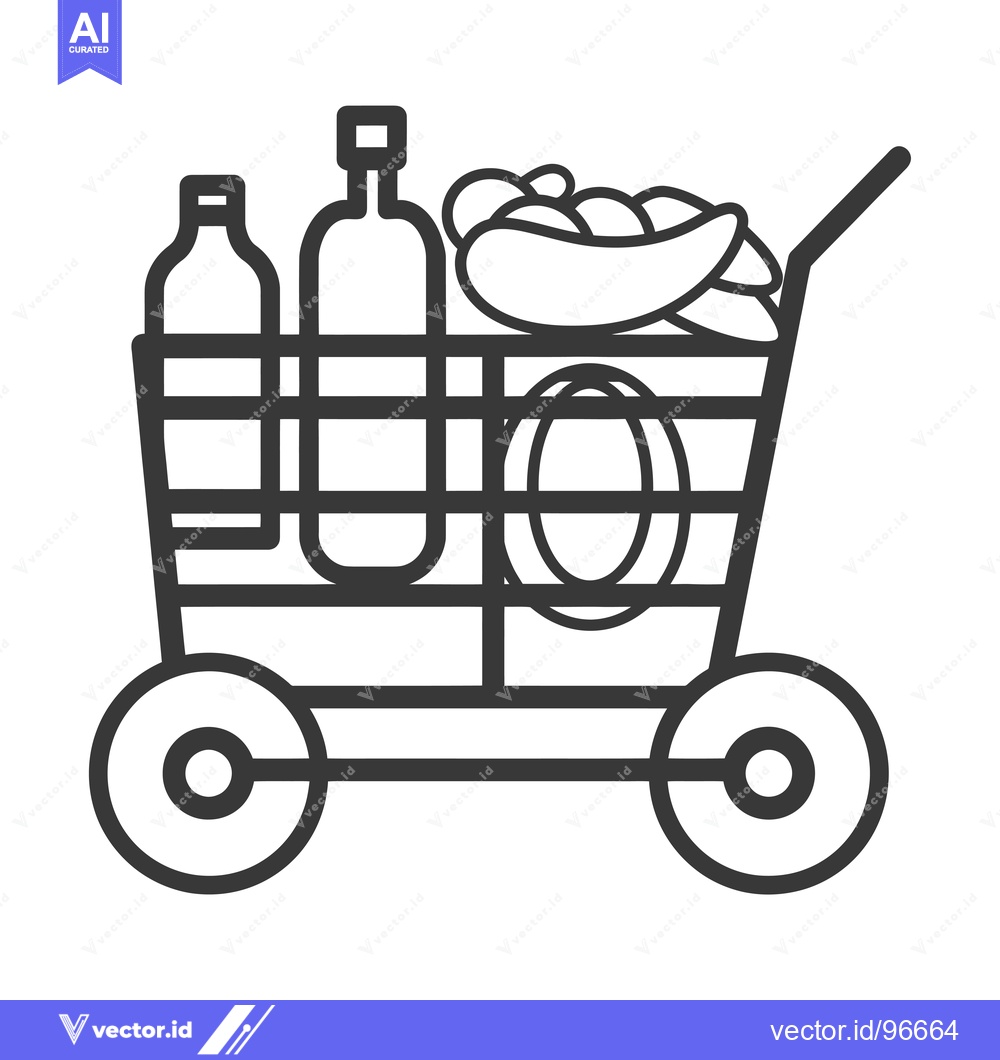 Premium Vector of Shopping Cart with Bottles, Fruit, and a Round Object