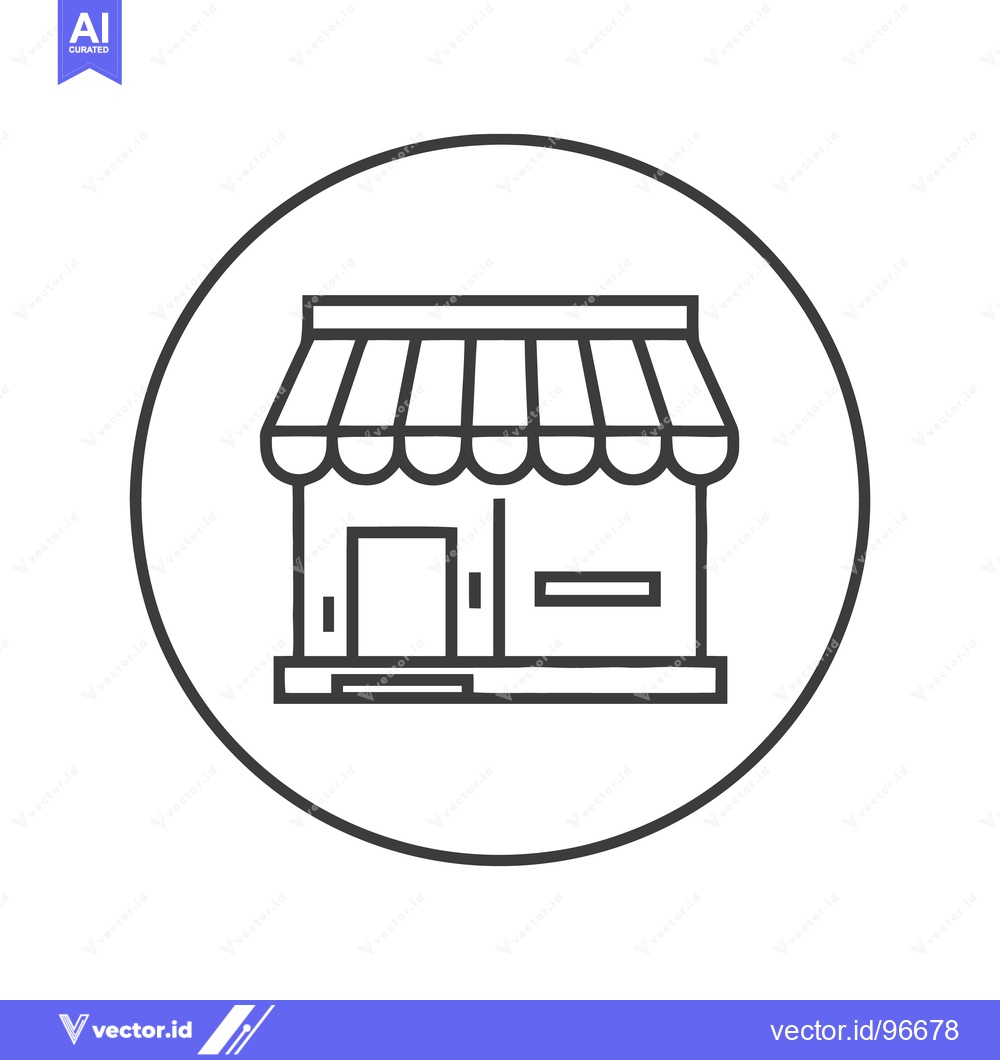 Premium Vector of Minimalist Storefront Icon with Awning in Circular Frame, Line Art