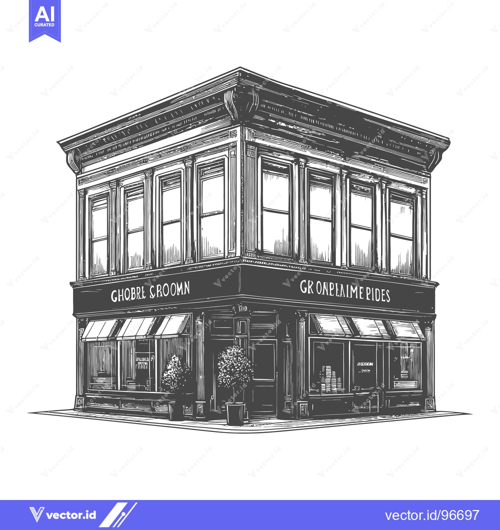 Premium Vector of A detailed black and white illustration depicting a corner building st