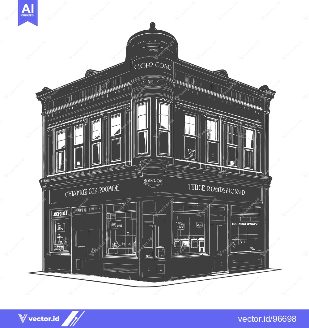 Premium Vector of A detailed black and white illustration of a corner building facade