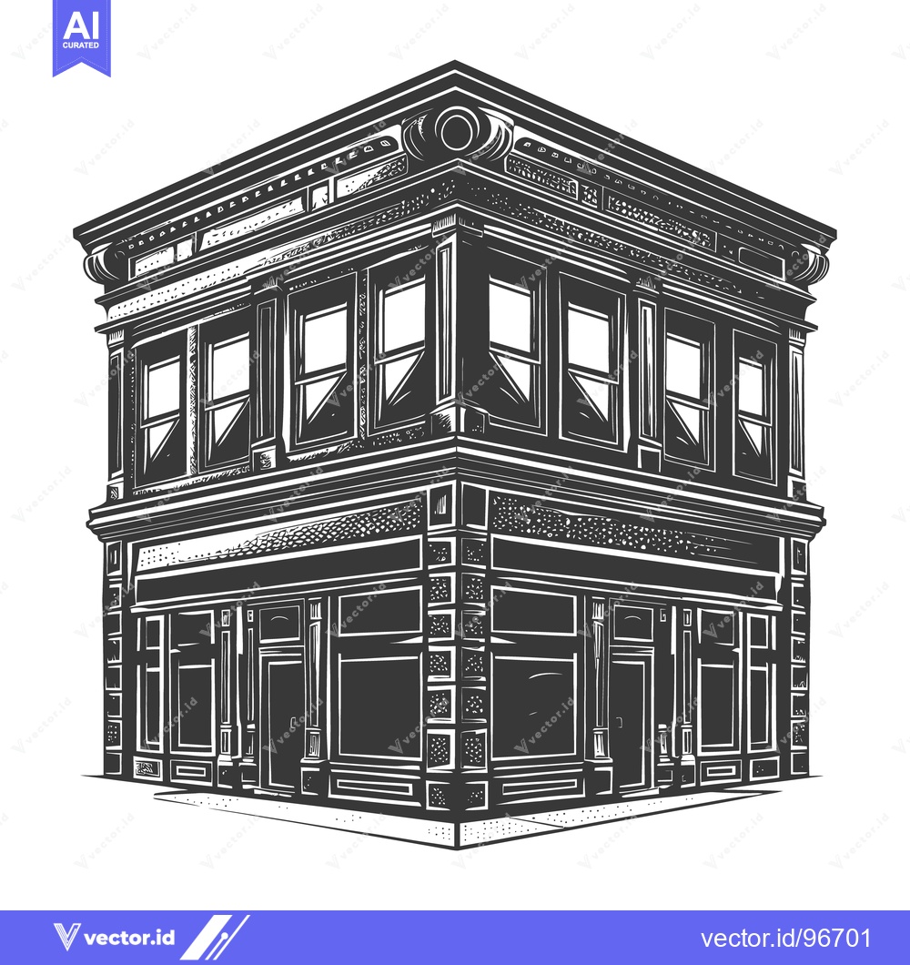 Premium Vector dari A detailed architectural illustration of a corner commercial building