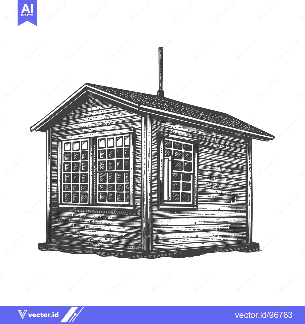 Premium Vector of A detailed illustration depicts a small wooden cabin with chimney on r