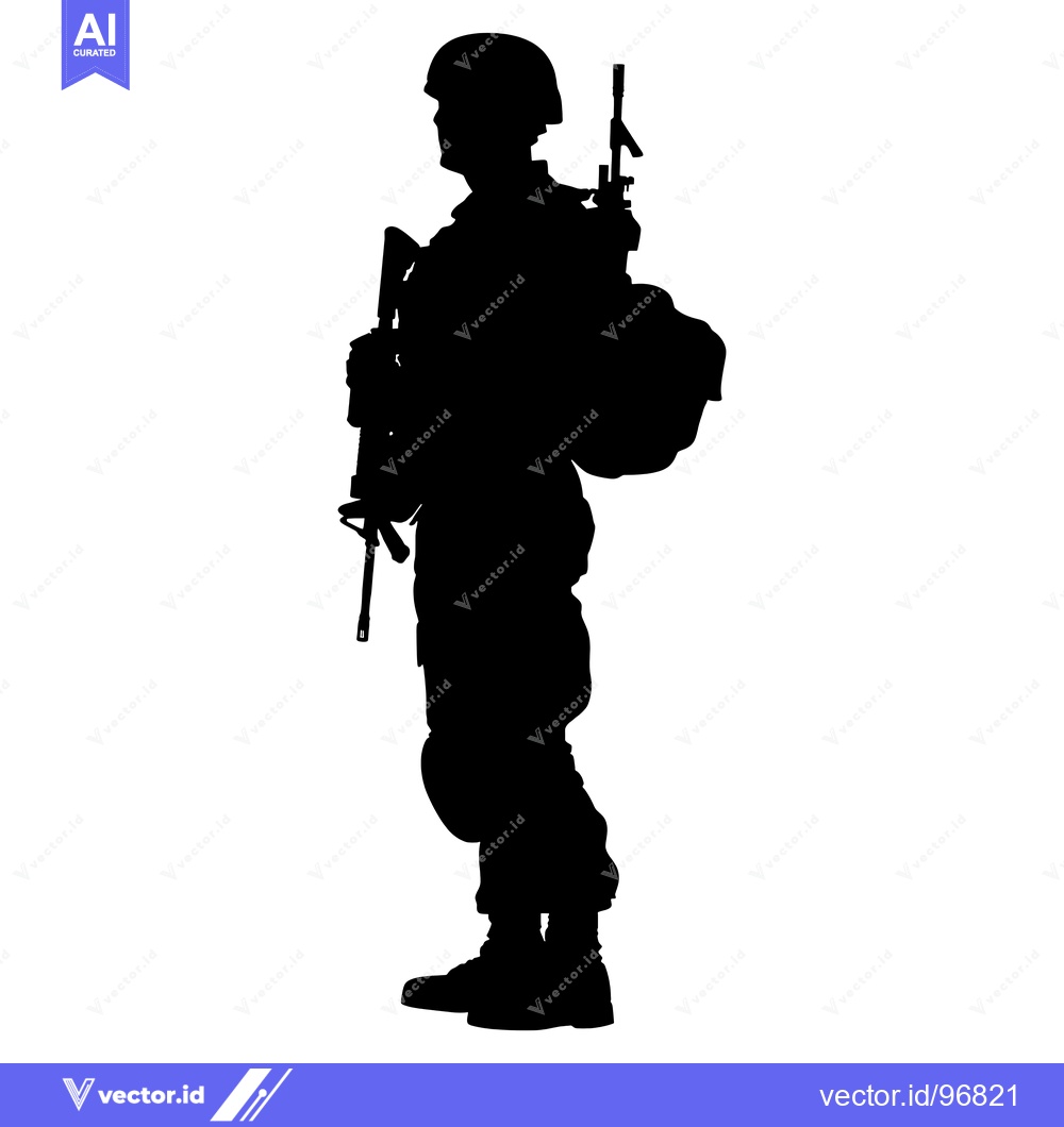 Premium Vector dari Silhouette of a Soldier Holding a Rifle and Wearing a Backpack