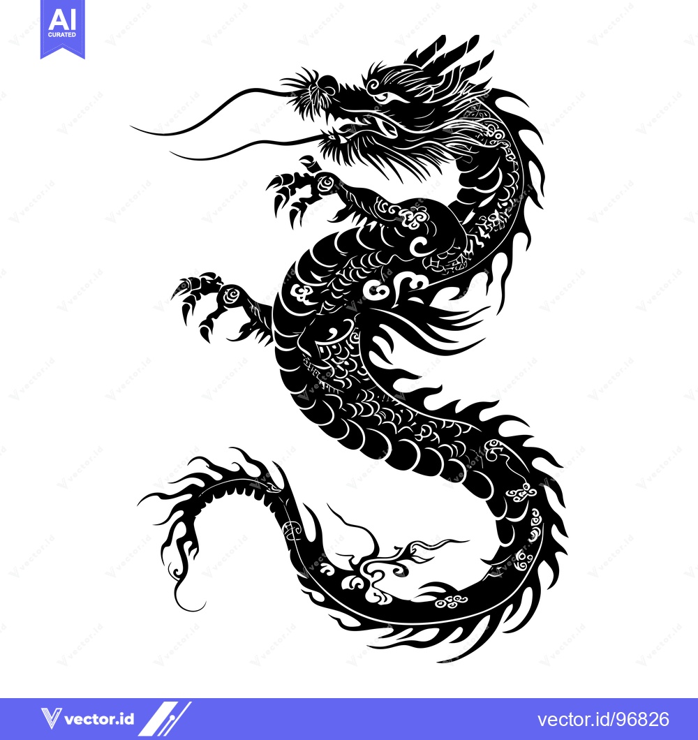Premium Vector dari Black and White Silhouette of a Chinese Dragon with Intricate Details