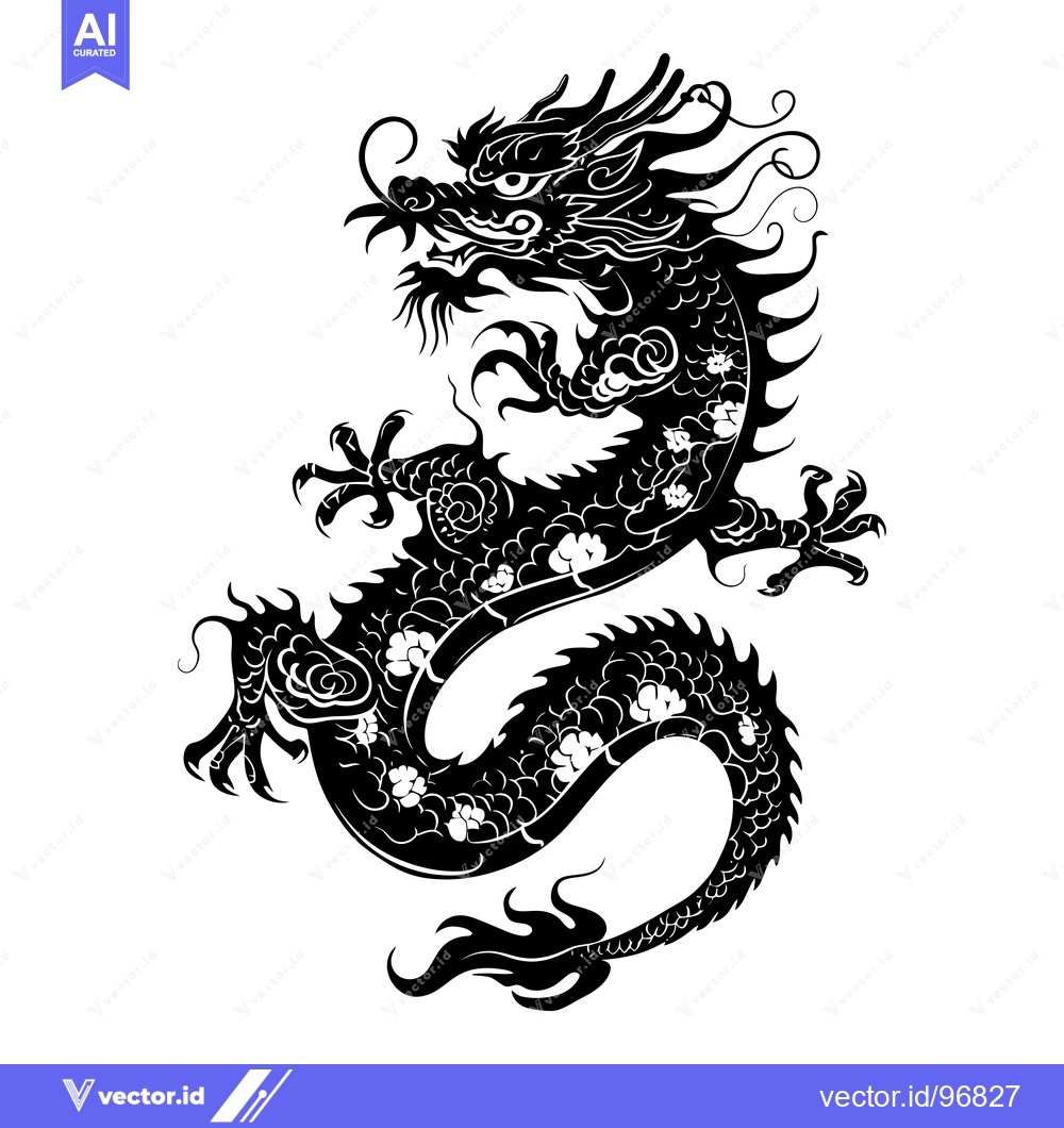 Premium Vector of Black and White Silhouetted Chinese Dragon with Floral Details