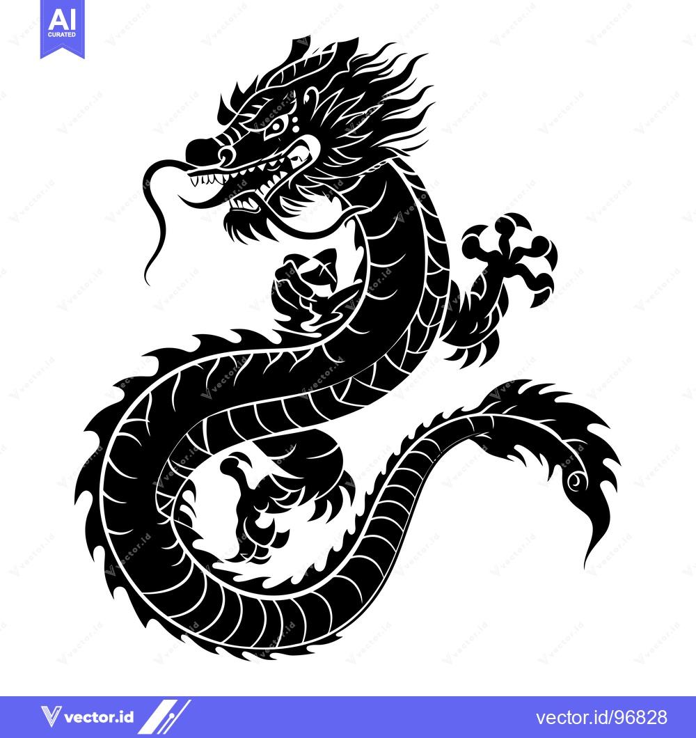 Premium Vector of Black and White Stylized Chinese Dragon Illustration
