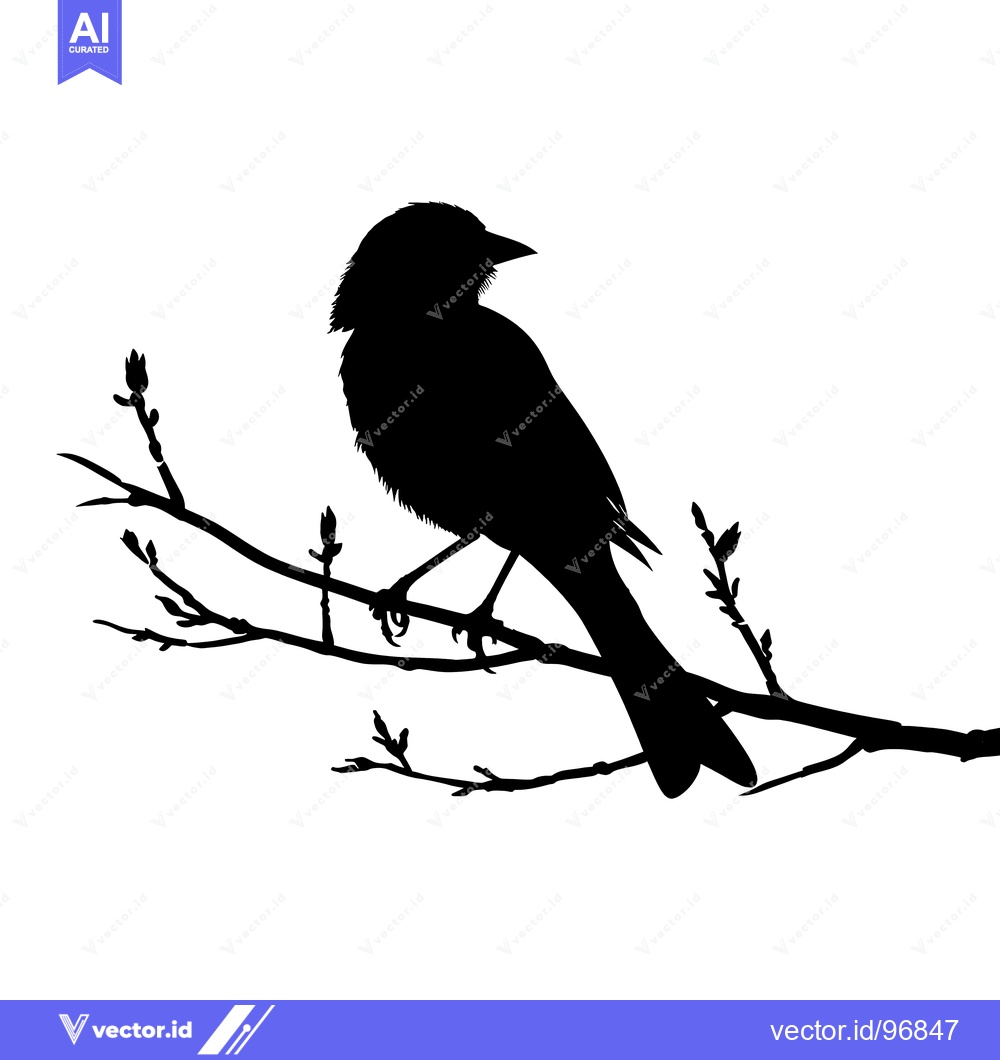 Premium Vector of Silhouette of a Bird Perched on a Branch with Buds