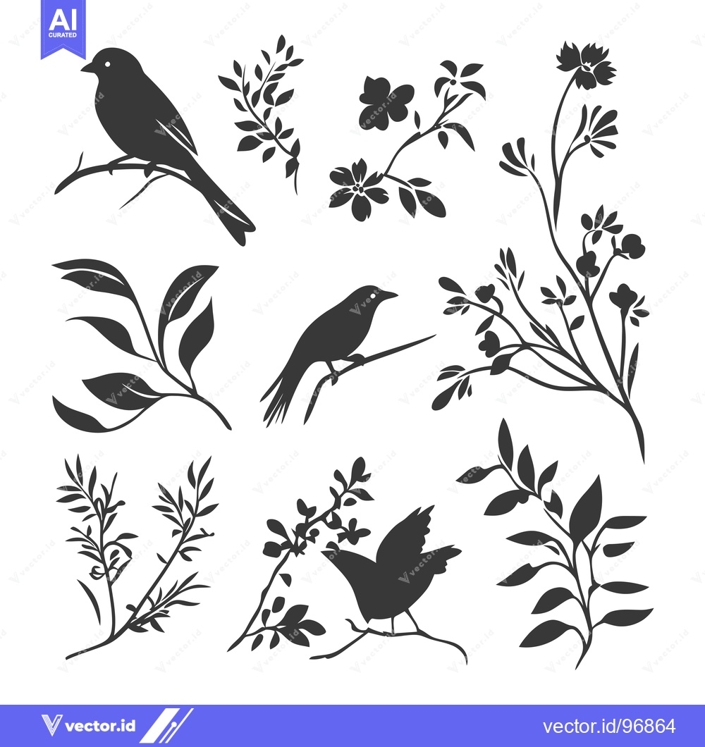 Premium Vector dari Silhouette Birds and Branches with Flowers