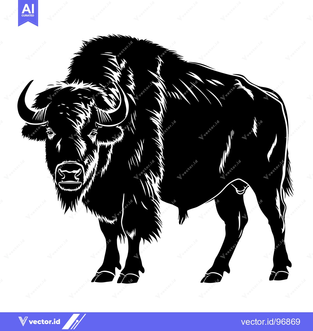Premium Vector of Black and White Silhouette of a Majestic Bison Standing Proudly.