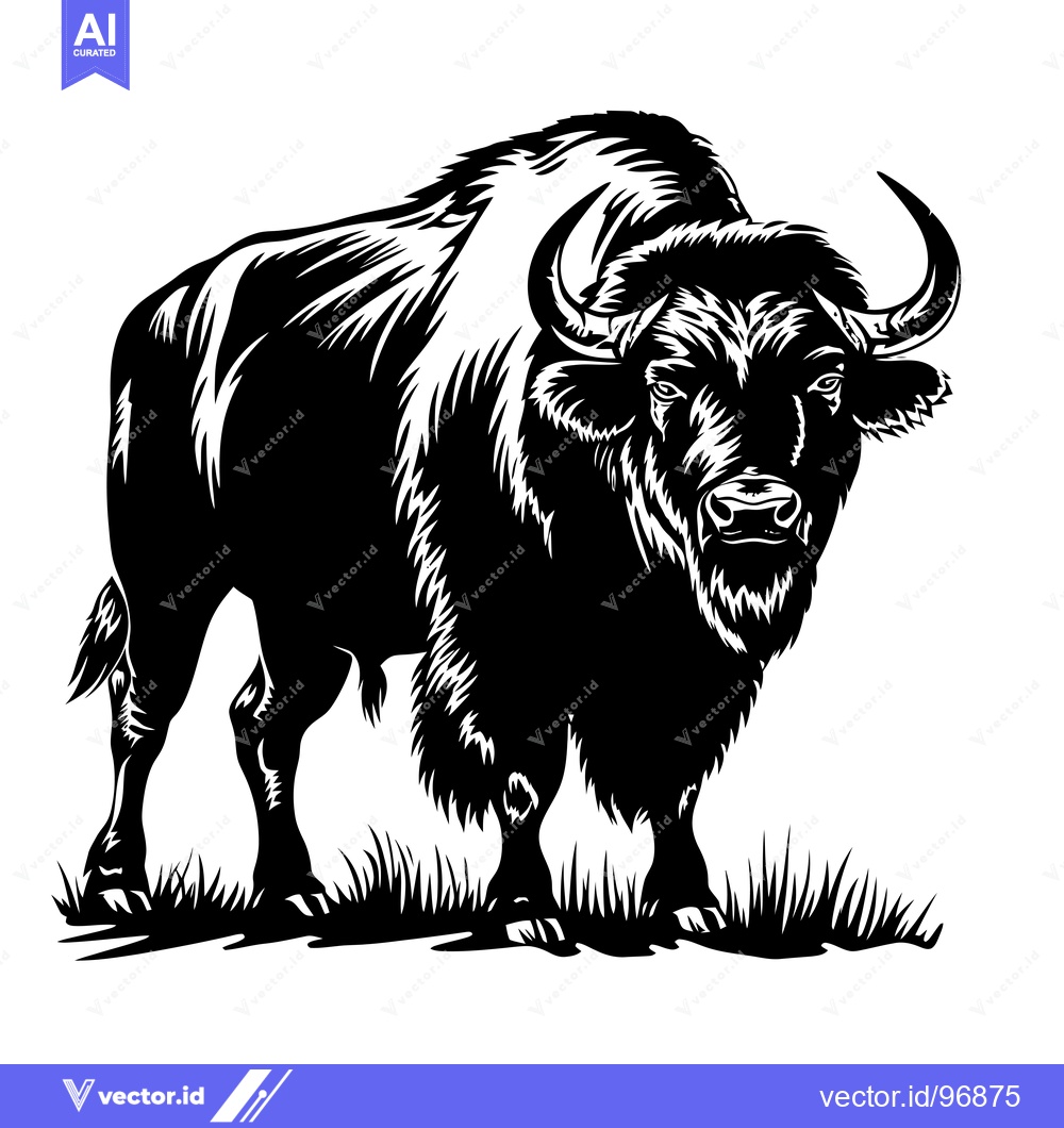 Premium Vector of Powerful Bison Standing in Grassy Field, Black and White Illustration.