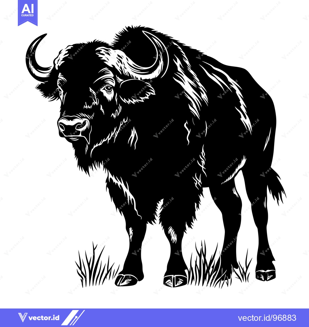 Premium Vector of Powerful Bison Silhouette Standing in Tall Grass.