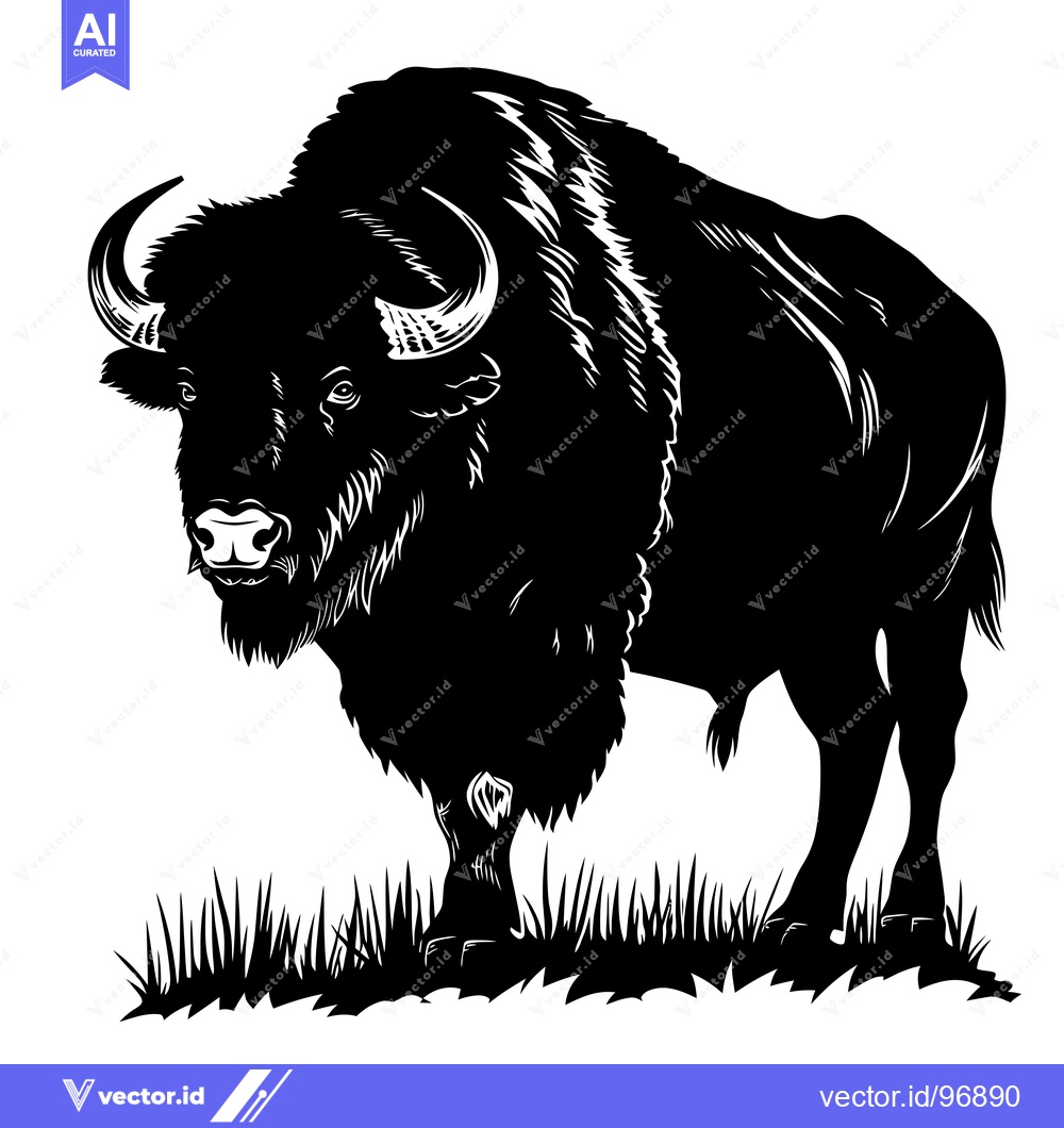 Premium Vector of Powerful Bison Standing in Grassy Field Black and White Illustration.
