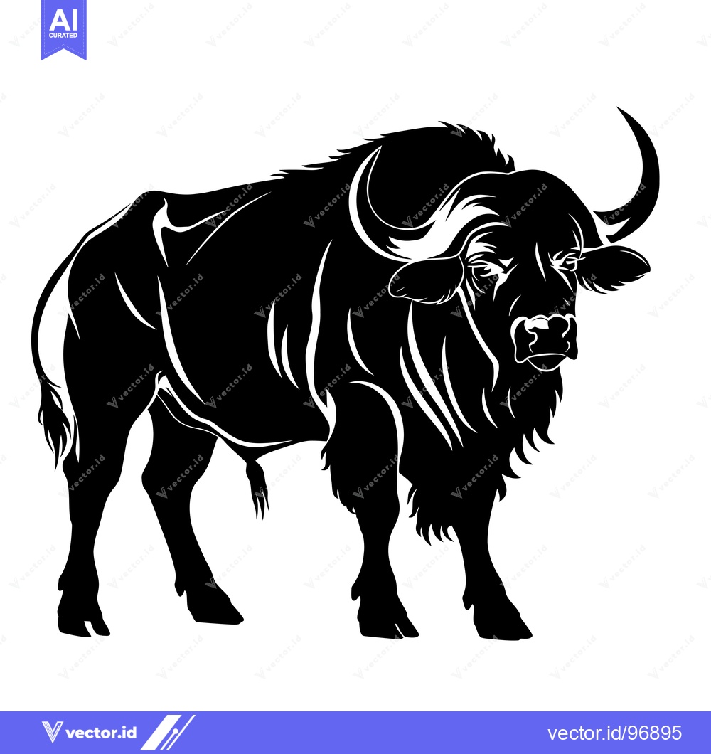 Premium Vector dari Silhouette of a powerful bull with large horns and a shaggy mane, stan