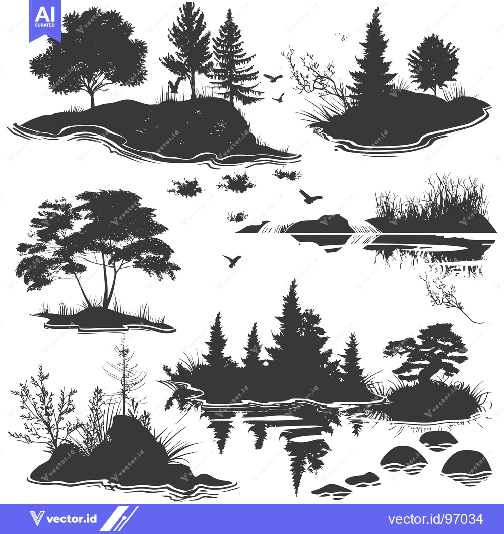 Premium Vector dari Silhouette Collection of Forest, River, and Island Landscapes
